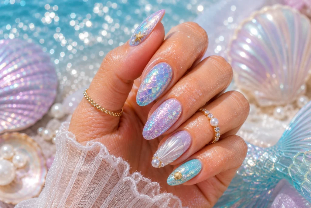 Mermaid nails with holographic scales and shimmering finish.