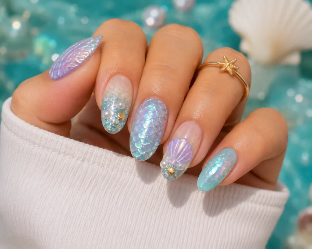 Mermaid nails with iridescent ocean-inspired summer nail art.