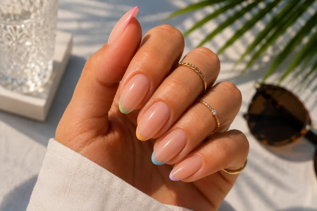 Micro French tip gel nails with colorful modern accents.