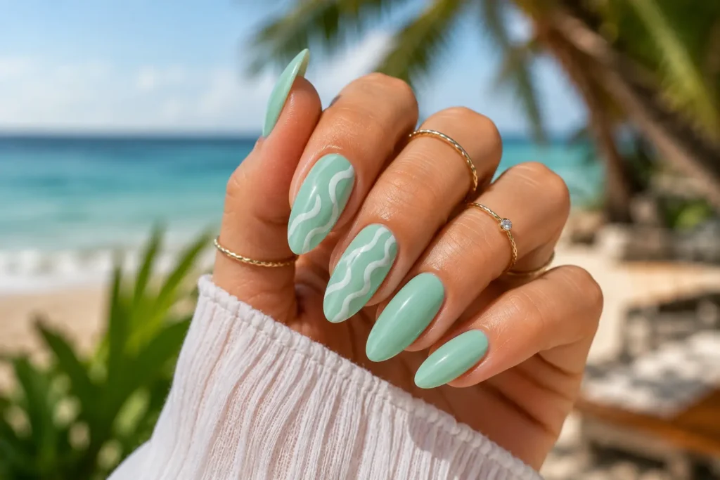 Mint green gel nails featuring modern swirl nail art.