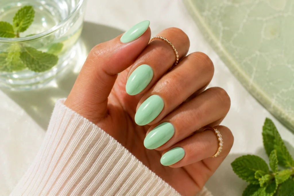 Mint green summer nails with glossy finish