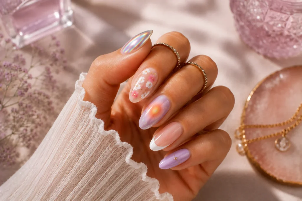 Mixed match summer nails with multiple trendy designs