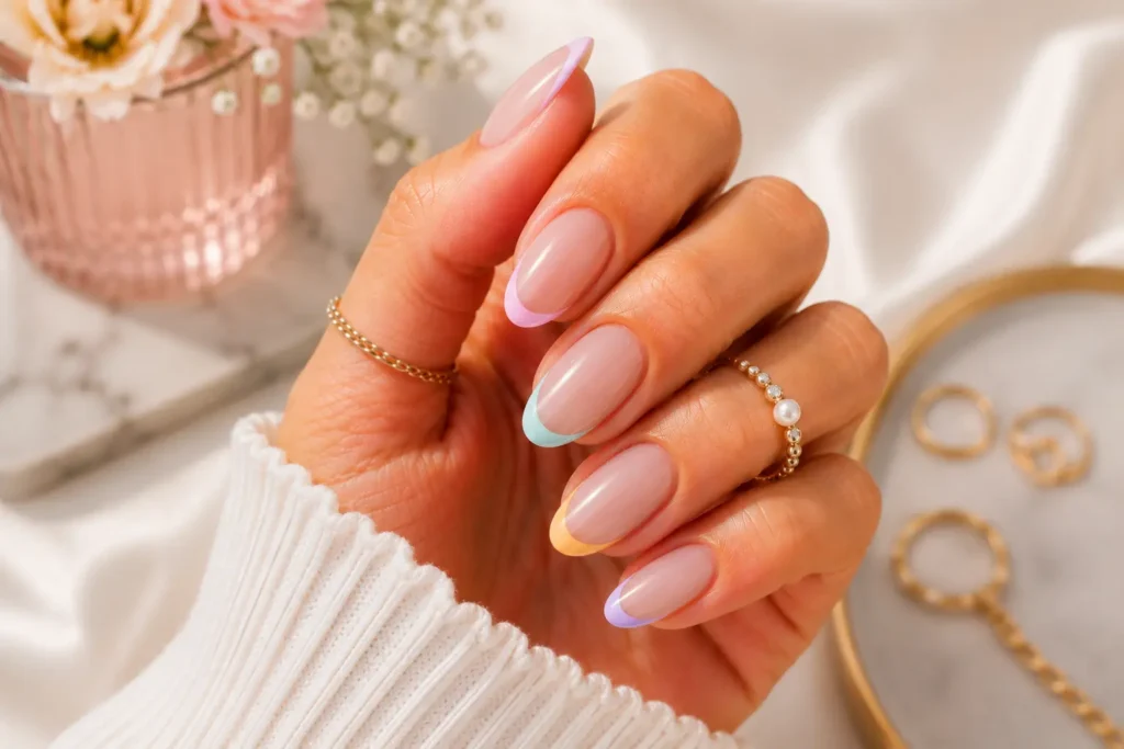 Modern French tip nails with colorful summer accents.