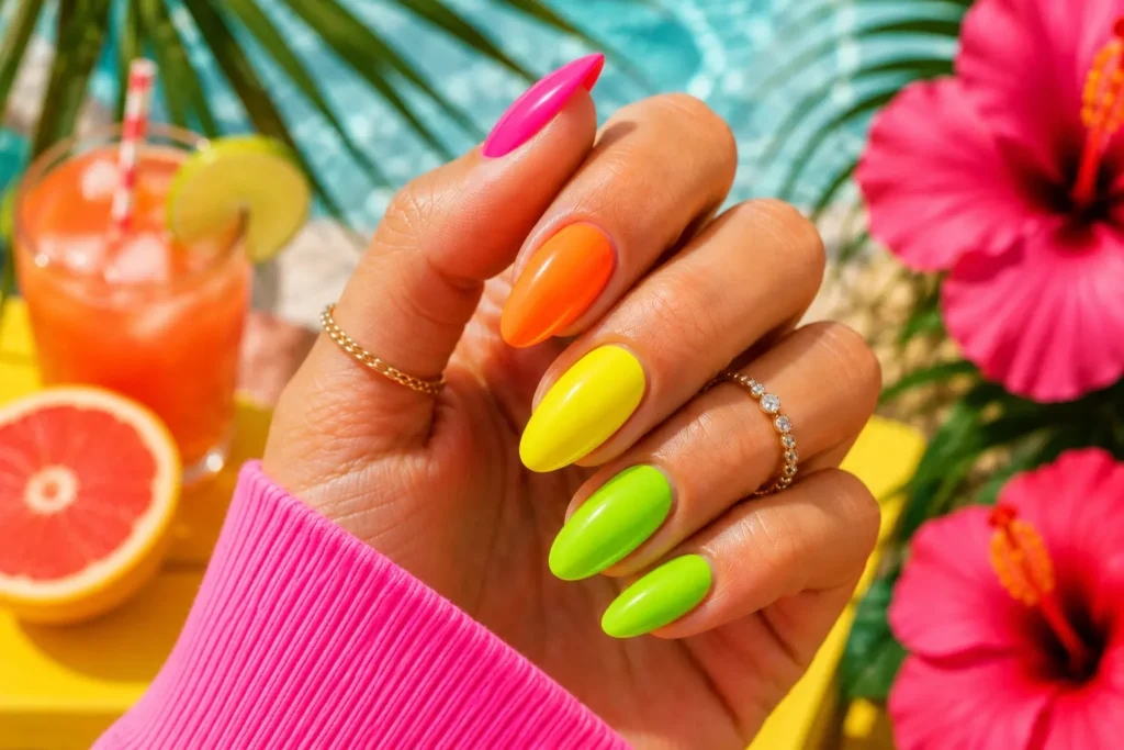 Neon bright summer nails in vibrant pink, yellow and orange shades.