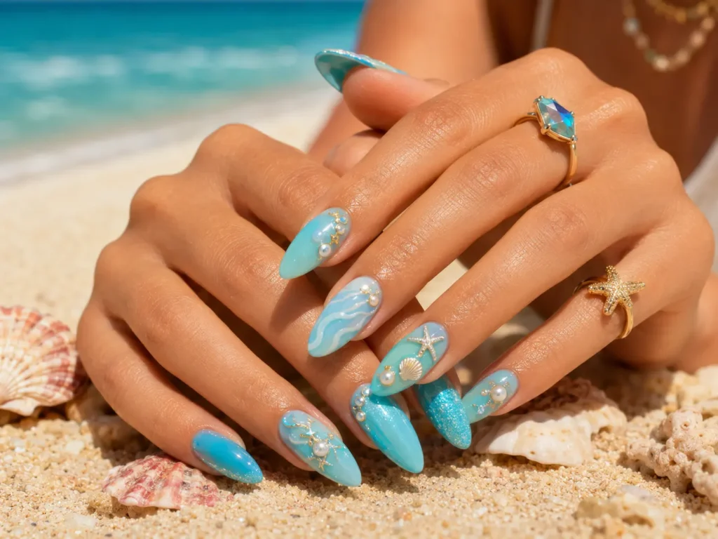 Ocean blue beach-inspired nails with tropical summer manicure design.