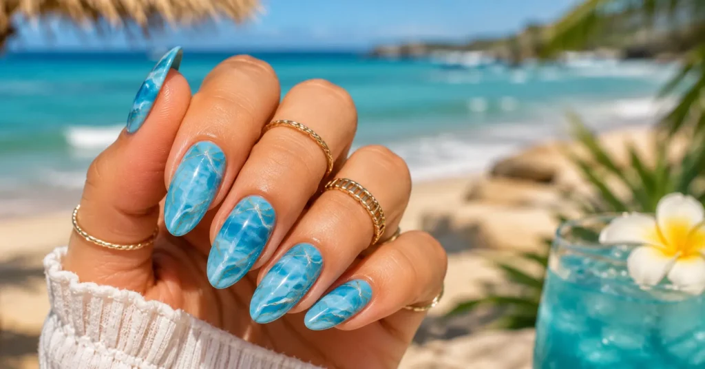 Ocean blue gel nails with wave-inspired summer nail art design.