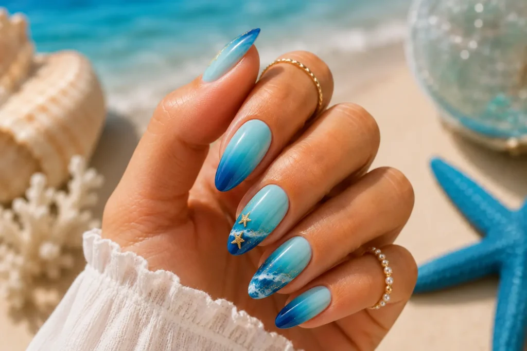 Ocean blue ombre summer nails inspired by tropical beaches