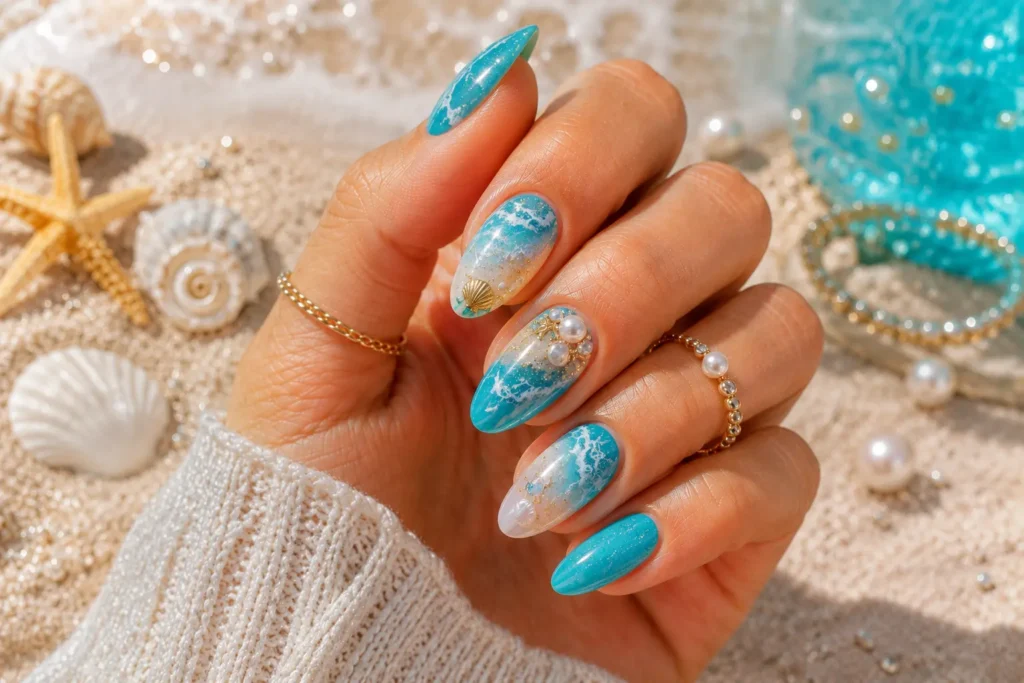 Ocean-inspired summer nails with seashell and wave designs.