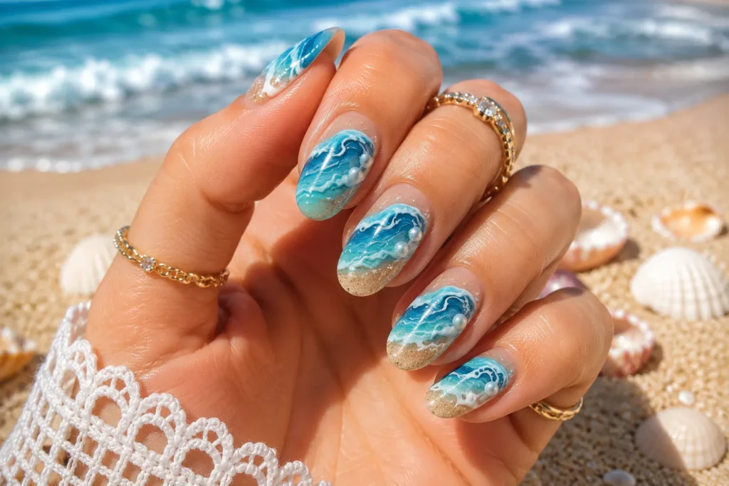 Ocean wave inspired blue and white summer nail design