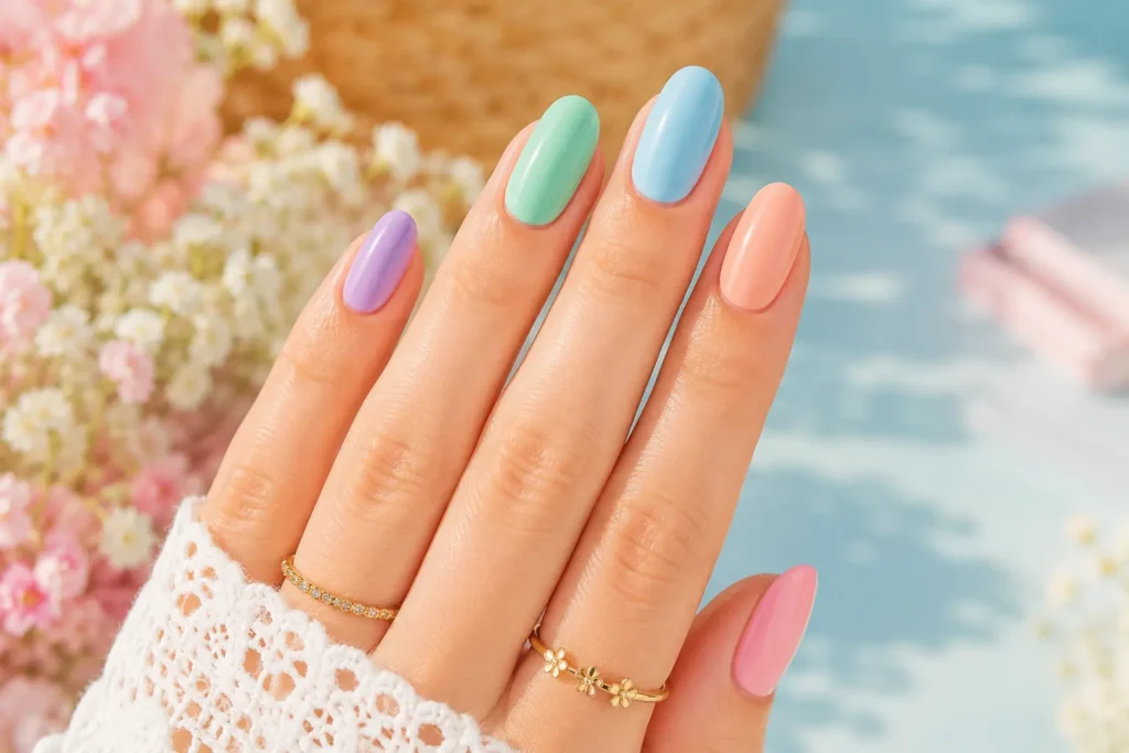 Pastel rainbow summer nails with pink, lavender, mint, and blue colors