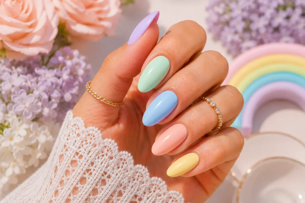 Pastel rainbow summer nails with soft colorful shades.