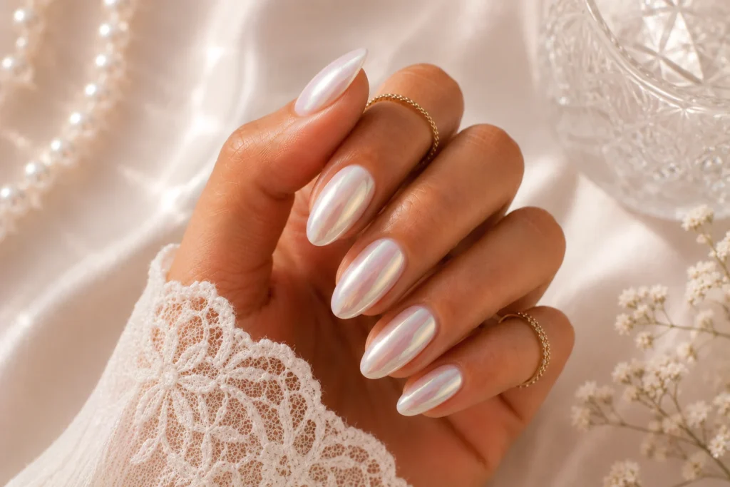 Pearl chrome nails with luxurious shine