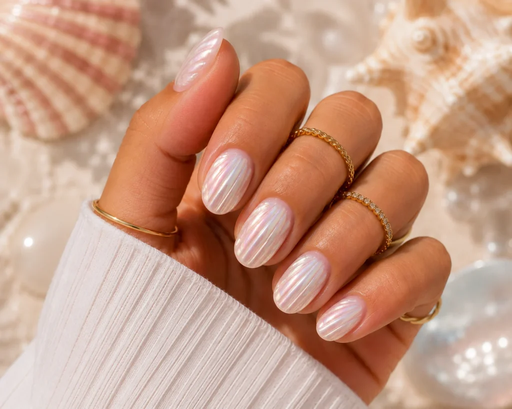 Pearl seashell nail art.