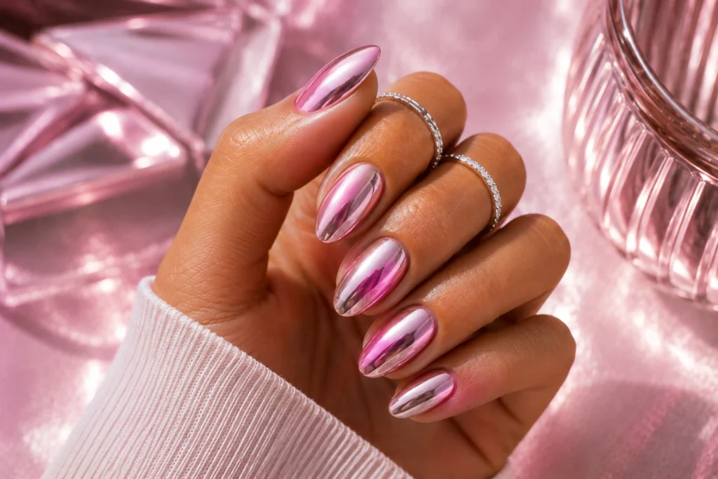 Pink chrome nails with reflective shine