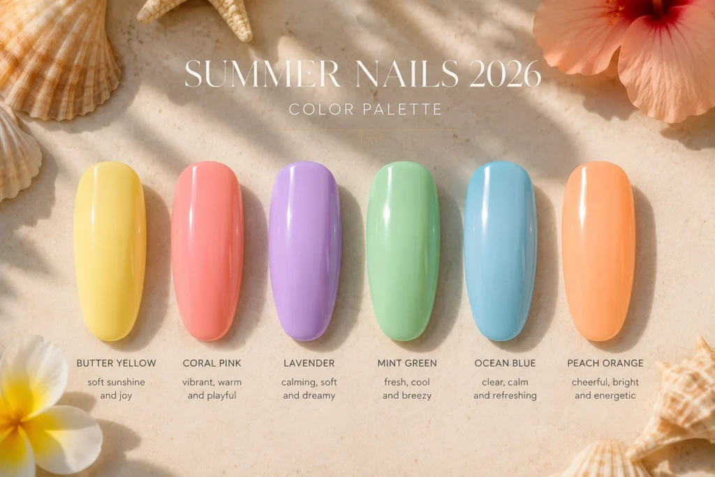 Popular Summer Nails 2026 color palette featuring trending shades.