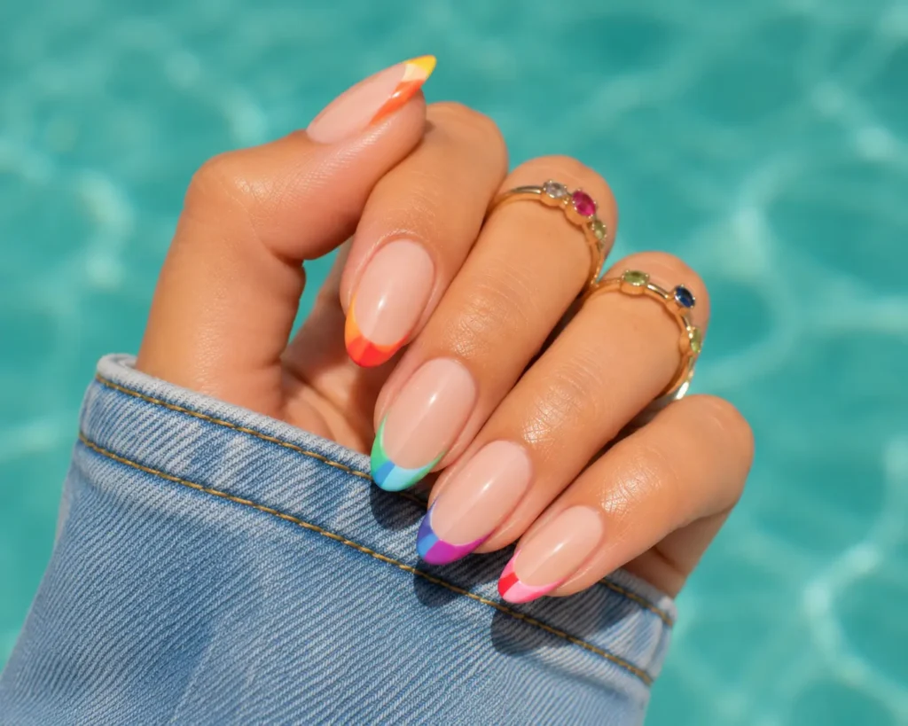 Rainbow French tip nails featuring colorful summer nail trends 2026.
