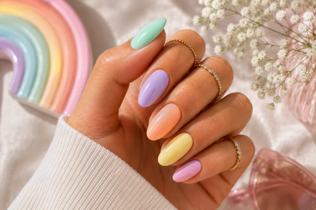 Rainbow pastel nails in summer colors