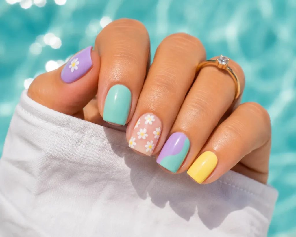 Short summer nails with cute pastel manicure ideas for women.
