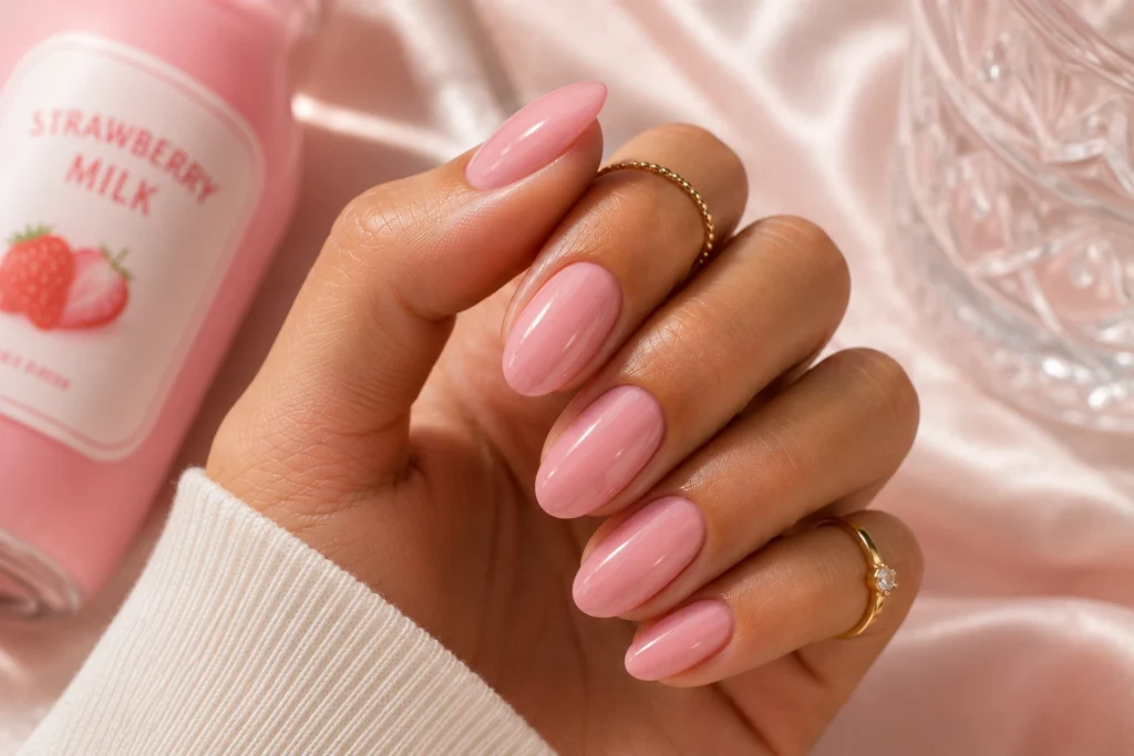 Strawberry milk pink nails for a clean girl aesthetic