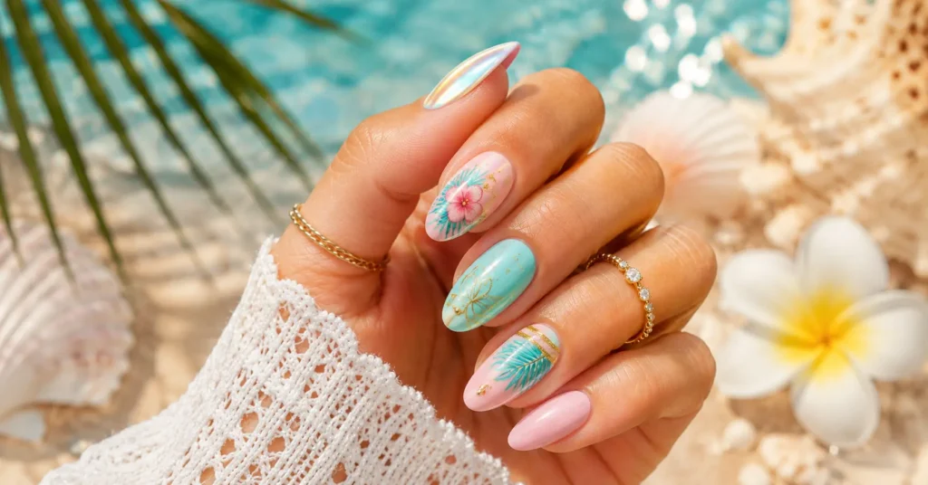 Summer Nails 2026 featuring colorful tropical, chrome, and pastel nail designs.