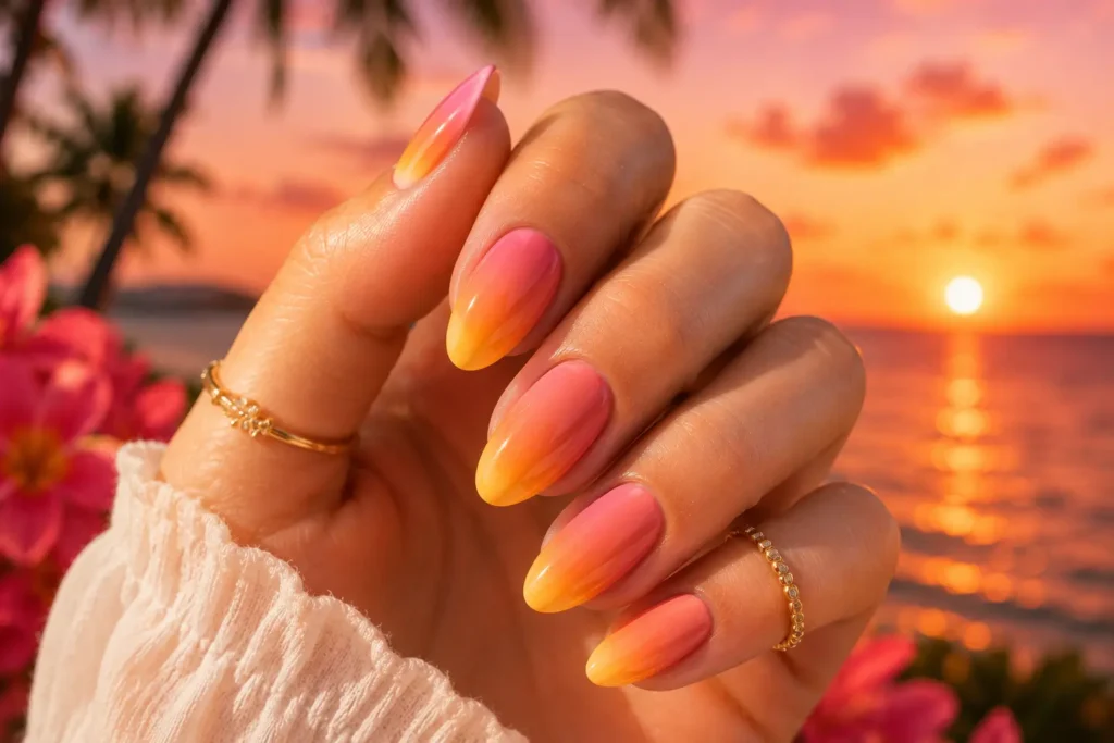 Sunset ombre nails blending orange, yellow, and pink shades