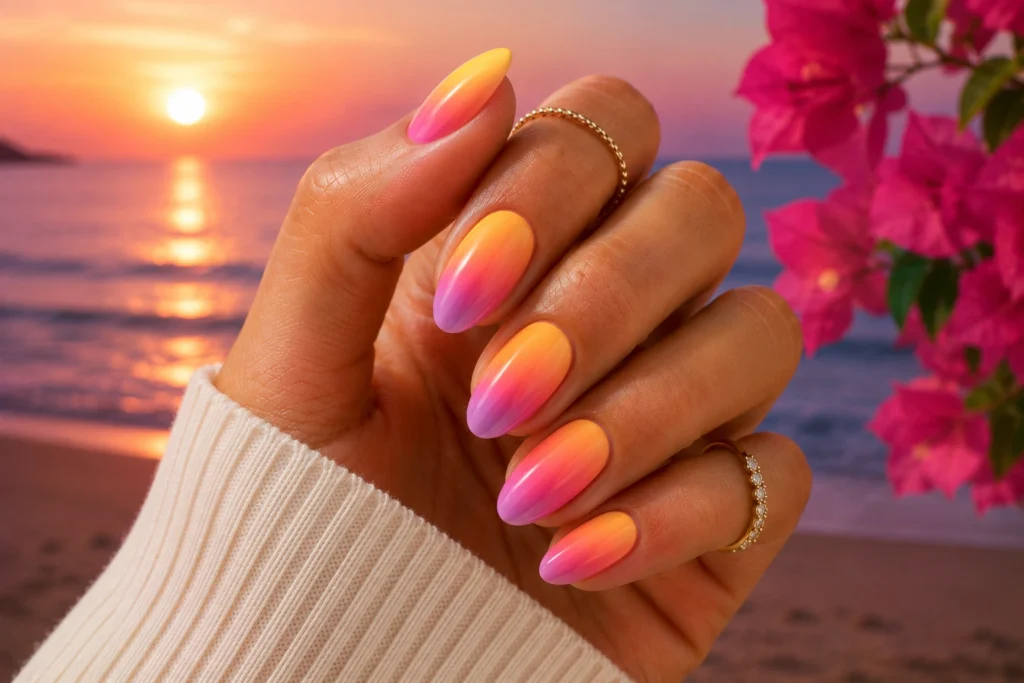 Sunset ombre nails with orange and pink gradient
