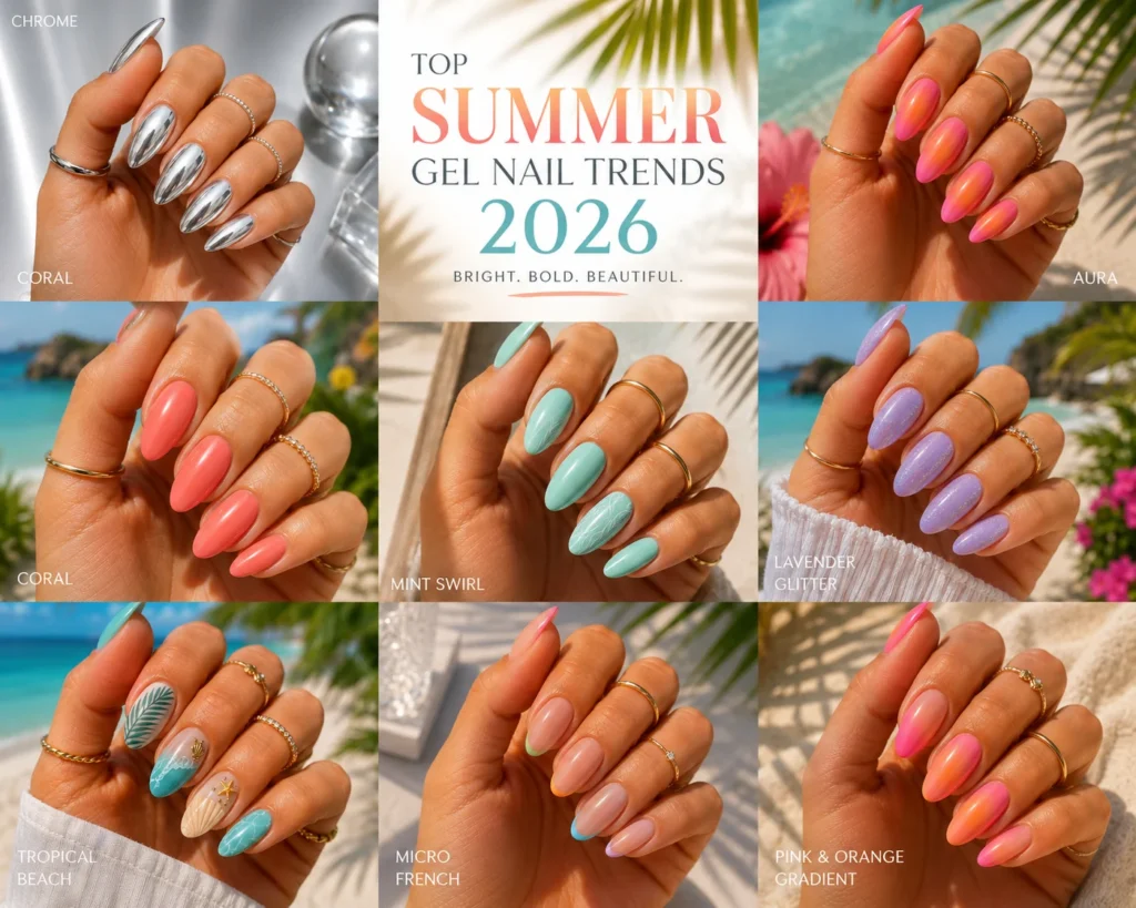 Top Summer Gel Nails 2026 trends featuring fresh colors and modern nail art.
