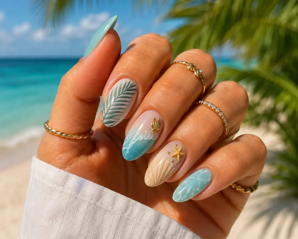 Tropical beach gel nails with palm leaf and ocean-inspired artwork.