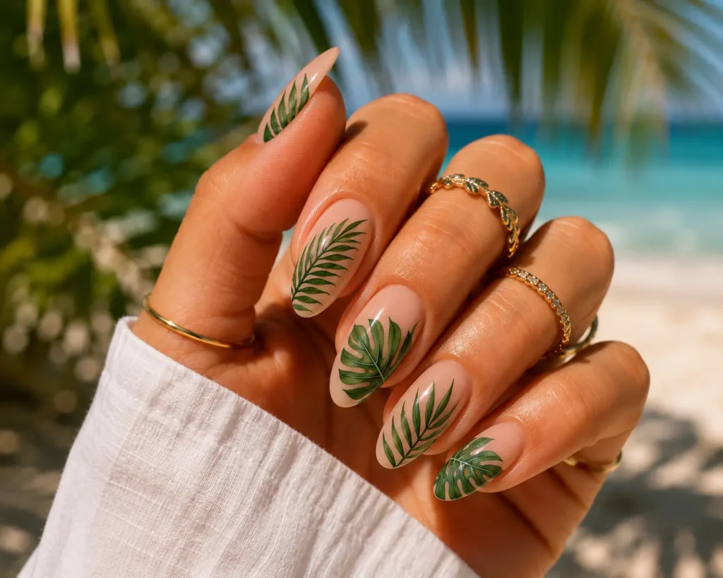 Tropical palm leaf nail art design.