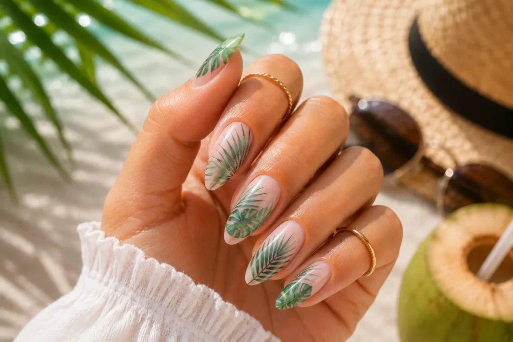 Tropical palm leaf nail art design for summer
