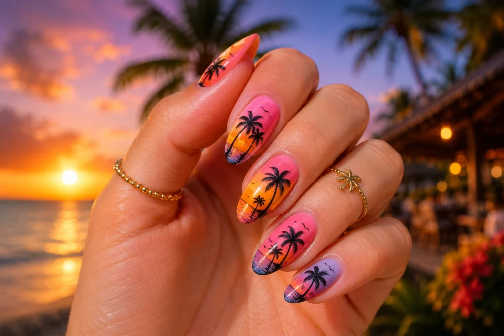 Tropical palm tree nail art with beach vacation theme