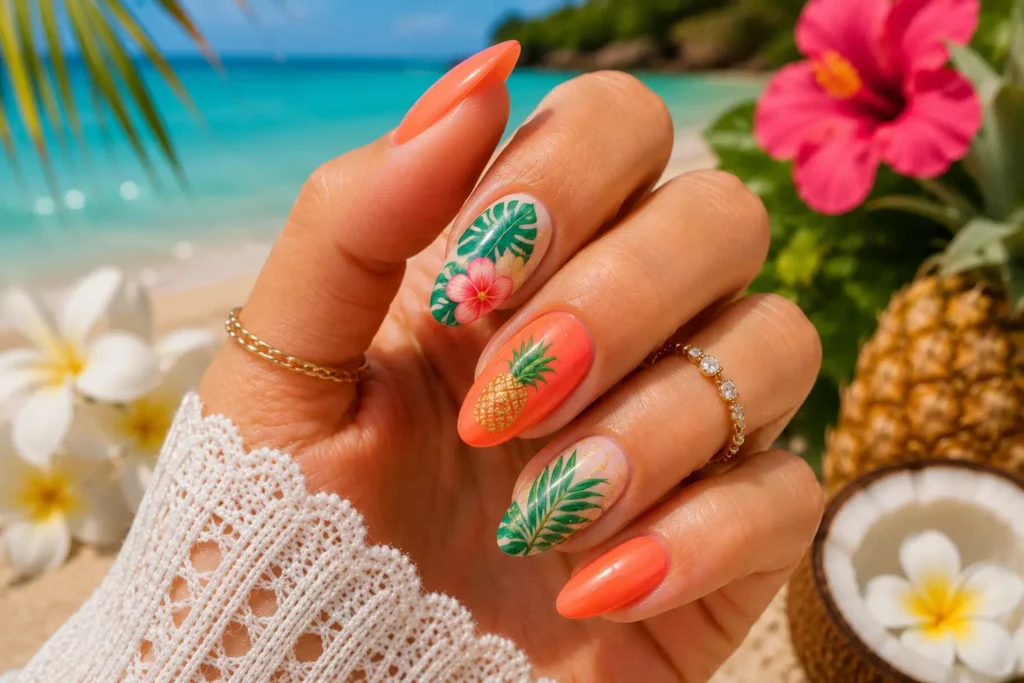 Tropical paradise nail design with palm leaves and colorful summer flowers.