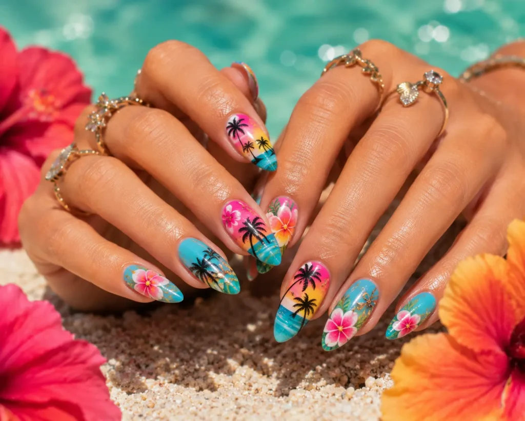 Tropical paradise nail design with palm trees and summer vacation theme.