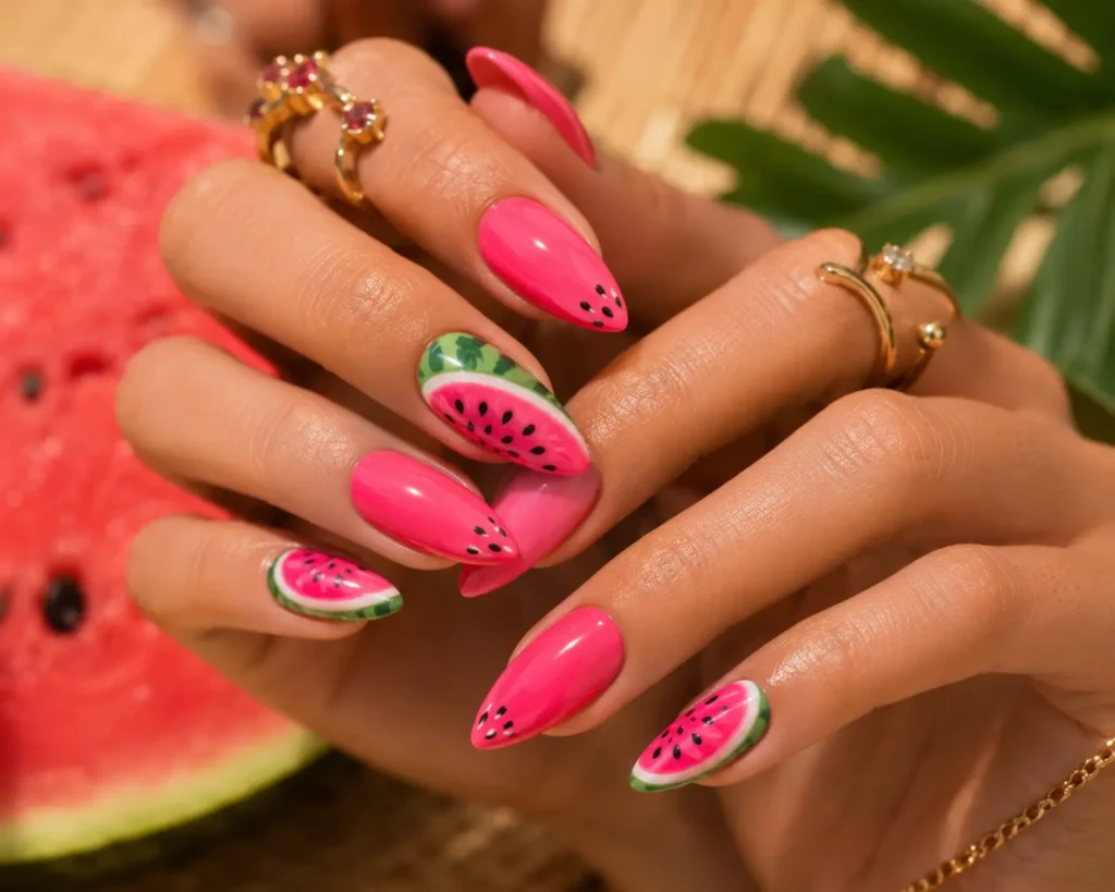 Watermelon pink summer nails with trendy fruit-inspired nail art.