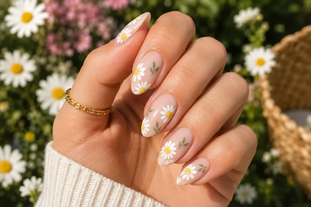 White daisy flower nail art on nude summer nails