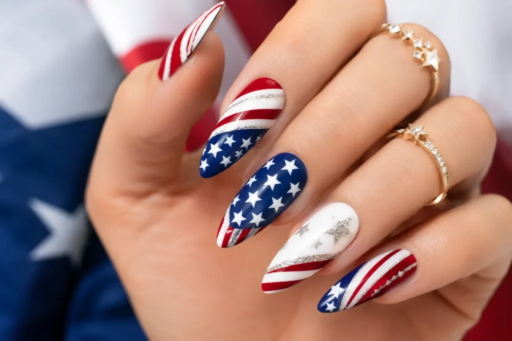 American flag nail design with stars and stripes for Fourth of July celebrations