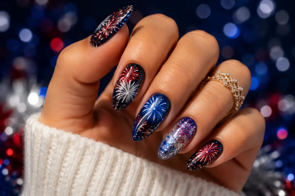Fireworks nail art design for Fourth of July and Independence Day parties