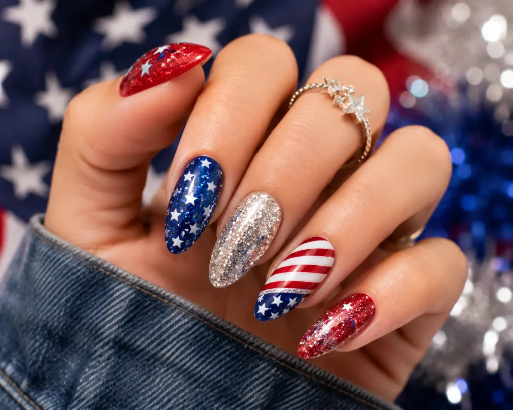 Glitter patriotic nail design with sparkling red white and blue accents