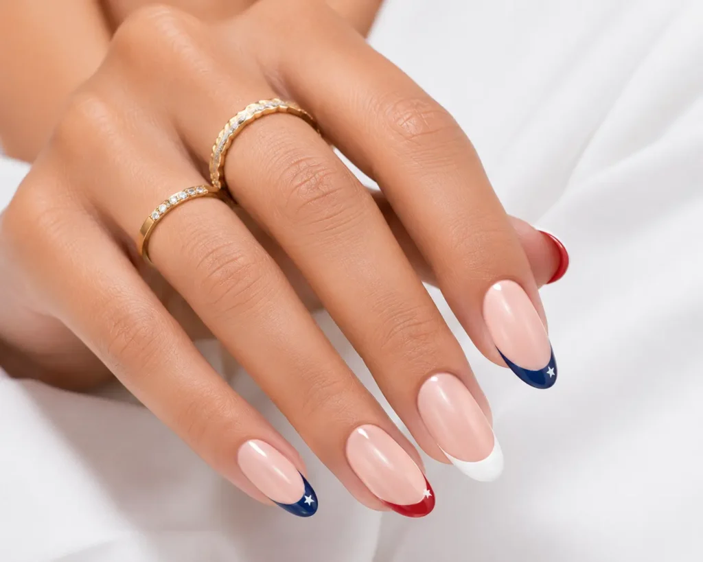 Elegant patriotic French tip nails with red white and blue colors