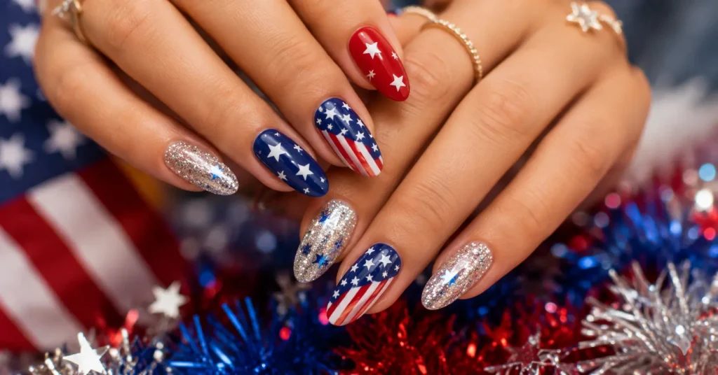 American flag nail design with stars and stripes for Fourth of July celebrations