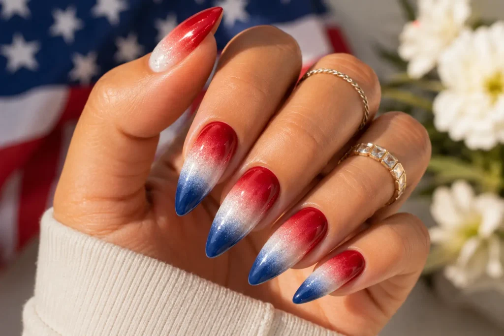 Red white and blue ombre nails inspired by Independence Day in the USA