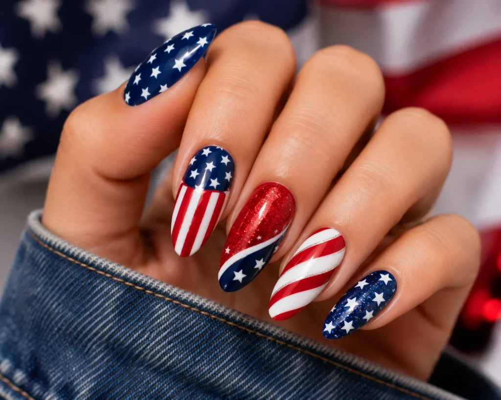 Stars and stripes nail art inspired by the American flag