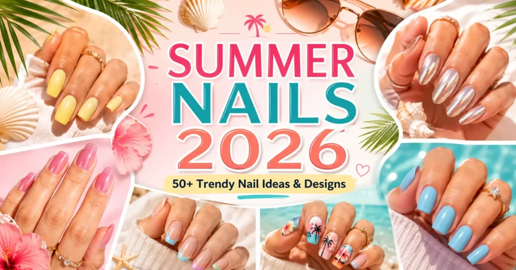 Summer Nails 2026 featuring trendy pastel, chrome, floral, French tip, and beach-inspired nail designs for women.