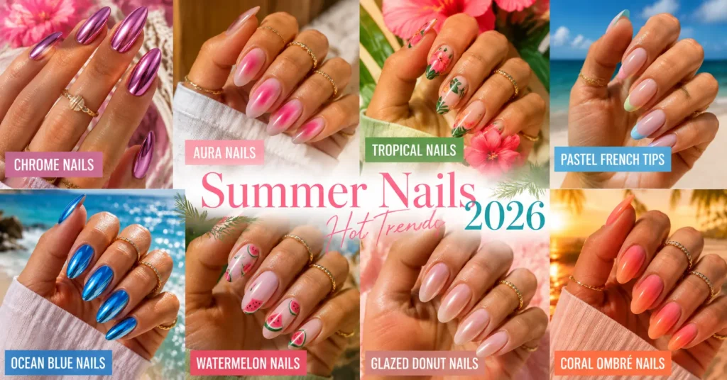 Summer Nails 2026 ideas featuring trendy chrome, floral, tropical and colorful nail designs