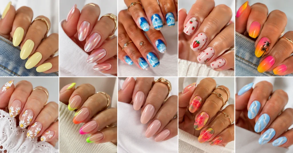 30 stylish summer nail designs 2026 featuring trendy chrome, floral, pastel, and French manicure ideas for women