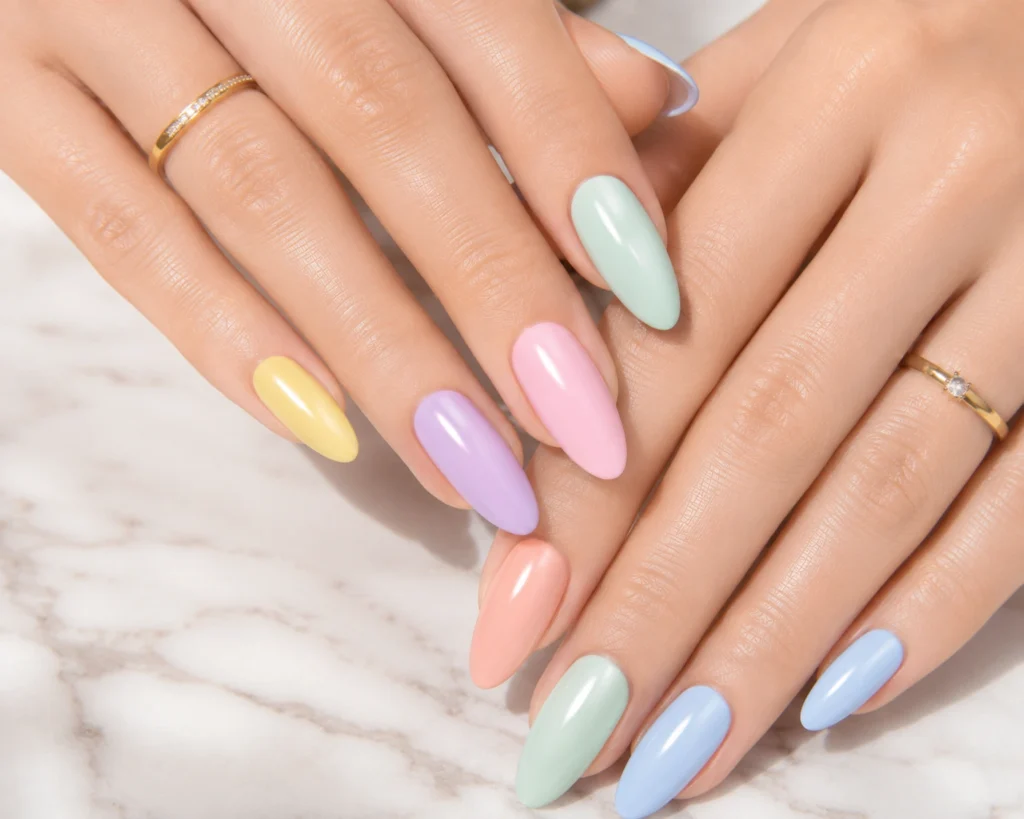 Almond-shaped pastel summer nails 2026.