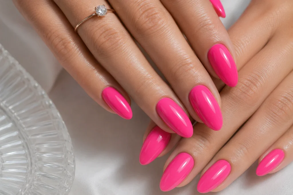 Barbie pink summer nails with glossy finish.