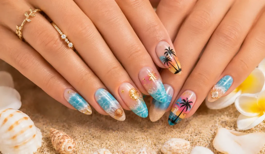 Beach vacation nails with palm tree and ocean-inspired nail art.