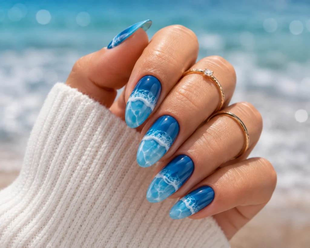 Blue ocean wave nail art inspired by beach summer
