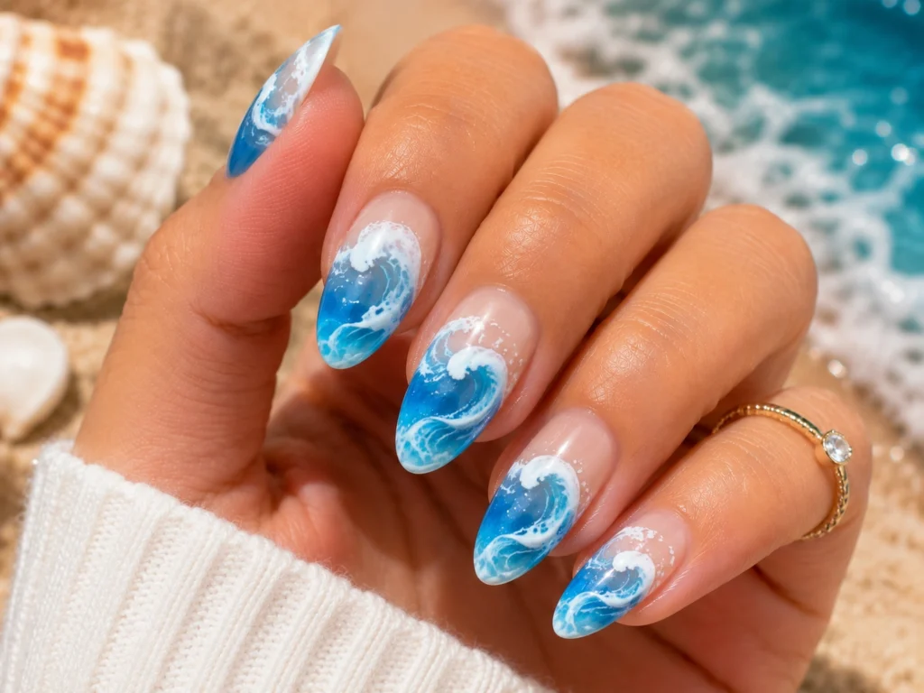 Blue ocean wave nail design